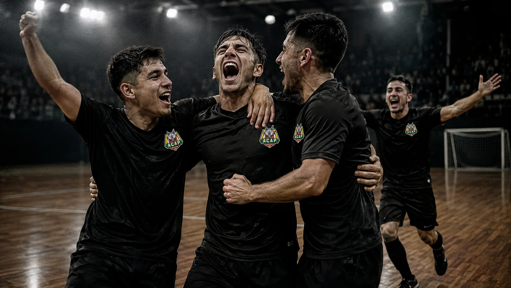 Jogadores da ACAP Futsal comemorando juntos em quadra