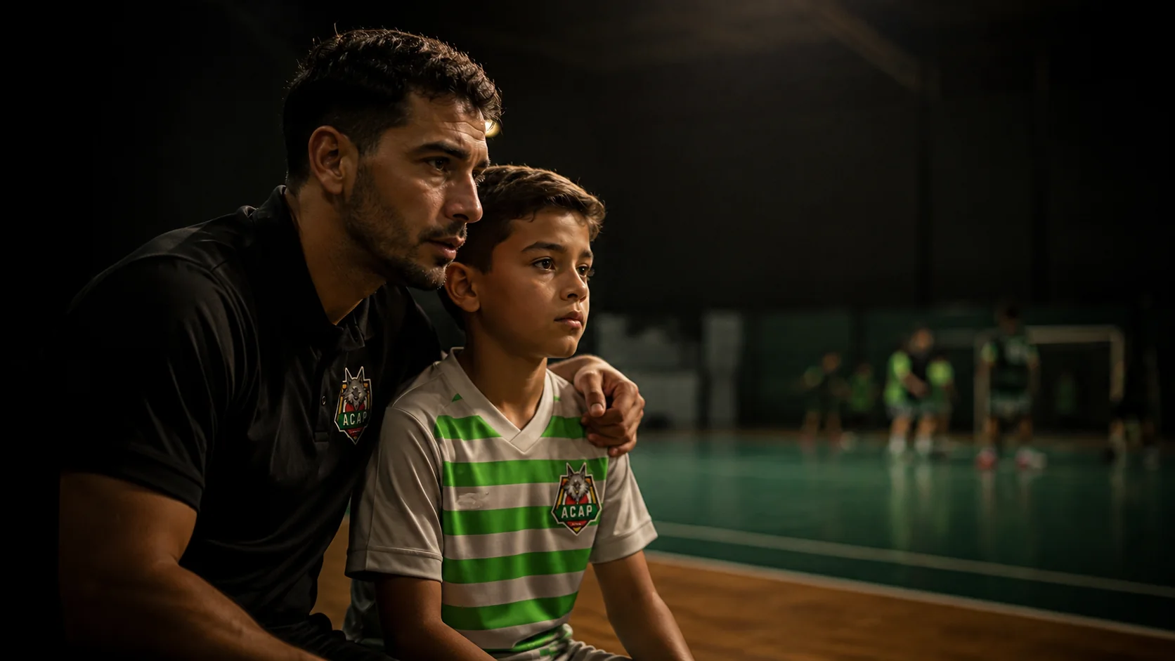 Técnico da ACAP Futsal ao lado de um jovem atleta observando o treino na quadra